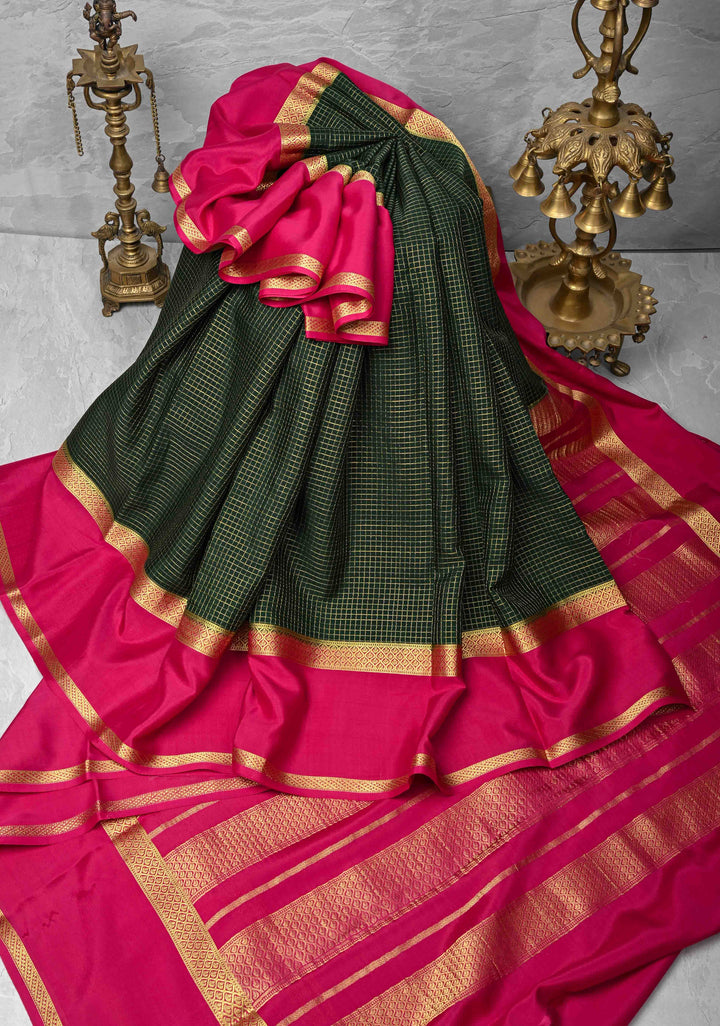 Dark Green Mysore Silk Saree with Podi-Kattam Zari Checks and Rettaipet Contrast Border in KSIC Grade Thickness | SILK MARK CERTIFIED