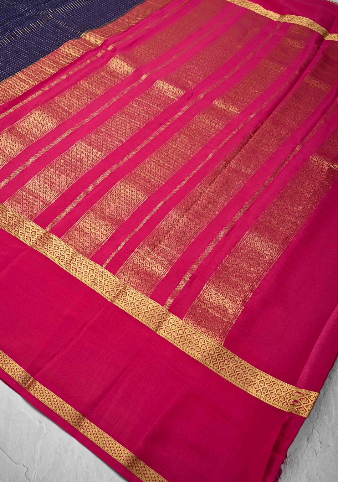 Ink Purple Mysore Silk Saree with Podi-Kattam Zari Checks and Rettaipet Contrast Border in KSIC Grade Thickness | SILK MARK CERTIFIED