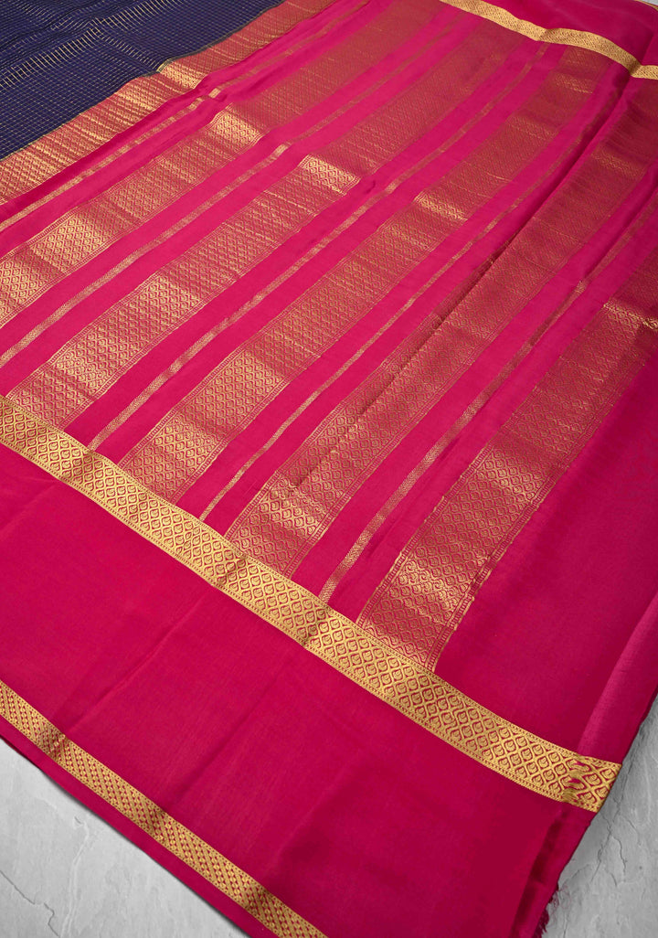 Ink Purple Mysore Silk Saree with Podi-Kattam Zari Checks and Rettaipet Contrast Border in KSIC Grade Thickness | SILK MARK CERTIFIED