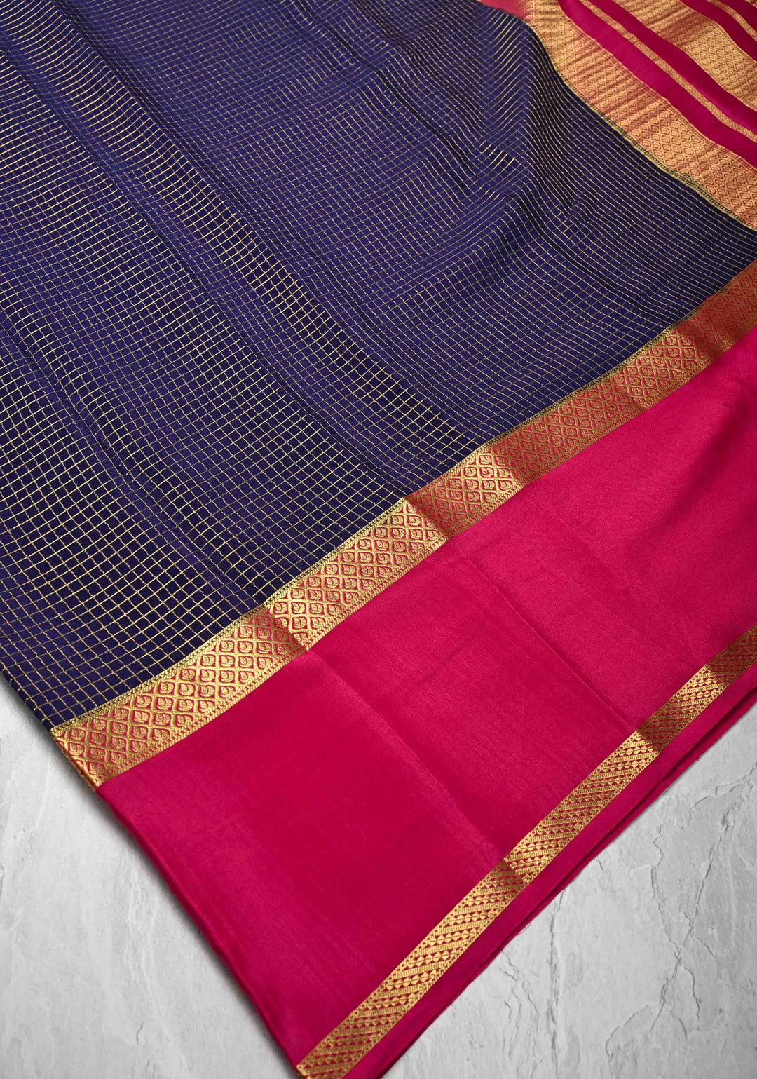 Ink Purple Mysore Silk Saree with Podi-Kattam Zari Checks and Rettaipet Contrast Border in KSIC Grade Thickness | SILK MARK CERTIFIED