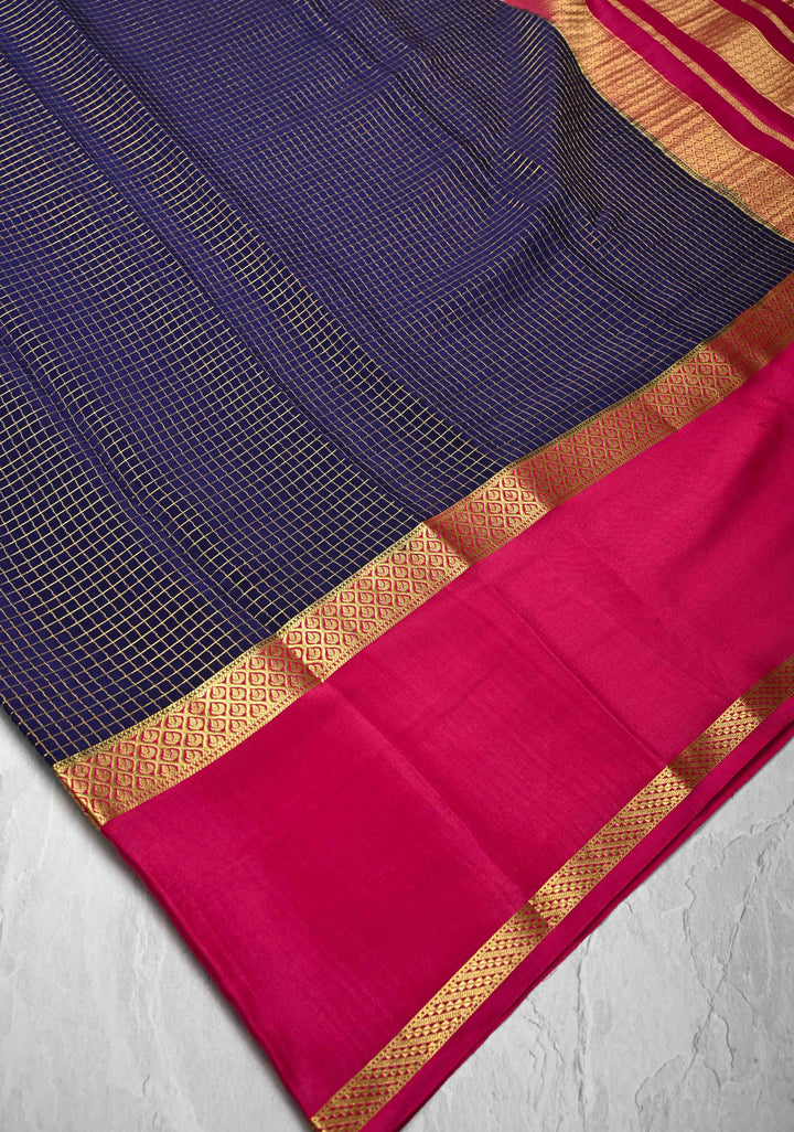 Ink Purple Mysore Silk Saree with Podi-Kattam Zari Checks and Rettaipet Contrast Border in KSIC Grade Thickness | SILK MARK CERTIFIED