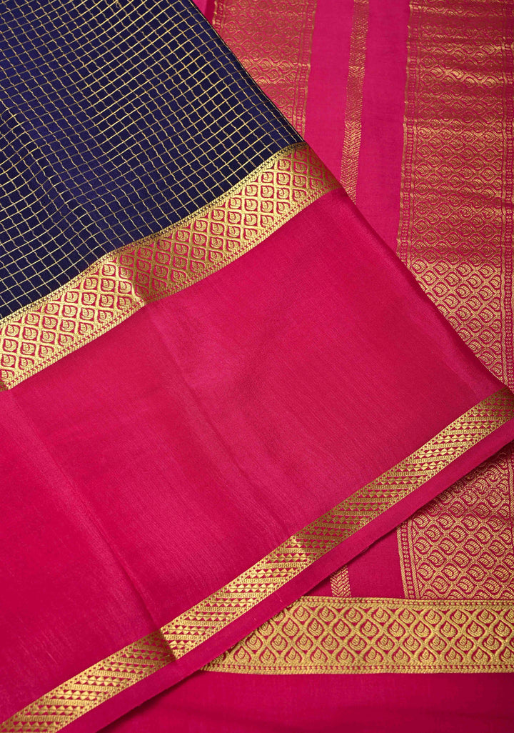 Ink Purple Mysore Silk Saree with Podi-Kattam Zari Checks and Rettaipet Contrast Border in KSIC Grade Thickness | SILK MARK CERTIFIED
