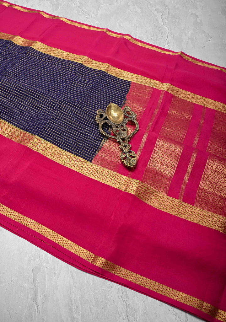 Ink Purple Mysore Silk Saree with Podi-Kattam Zari Checks and Rettaipet Contrast Border in KSIC Grade Thickness | SILK MARK CERTIFIED