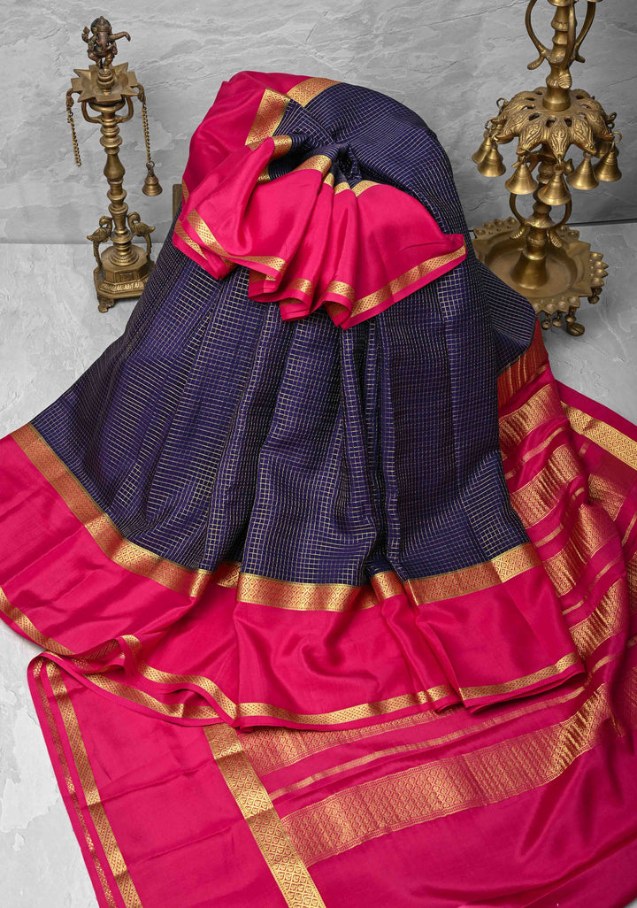 Ink Purple Mysore Silk Saree with Podi-Kattam Zari Checks and Rettaipet Contrast Border in KSIC Grade Thickness | SILK MARK CERTIFIED