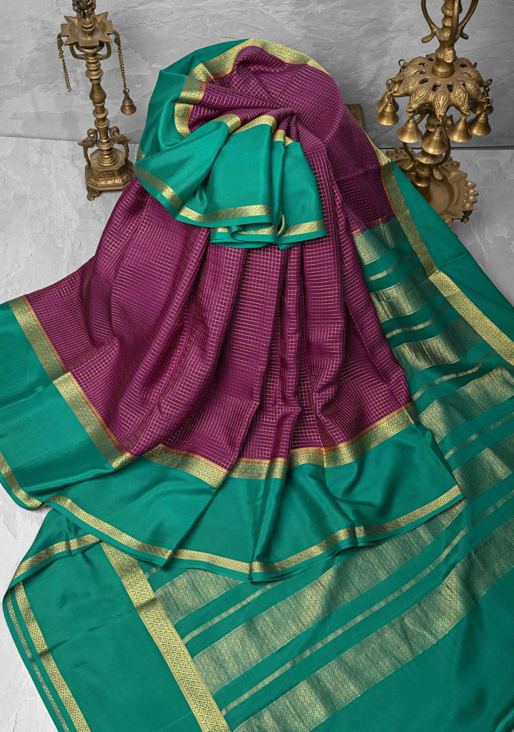 Purple Mysore Silk Saree with Podi-Kattam Zari Checks and Rettaipet Contrast Border in KSIC Grade Thickness | SILK MARK CERTIFIED
