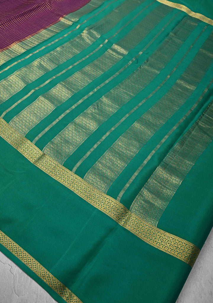 Purple Mysore Silk Saree with Podi-Kattam Zari Checks and Rettaipet Contrast Border in KSIC Grade Thickness | SILK MARK CERTIFIED
