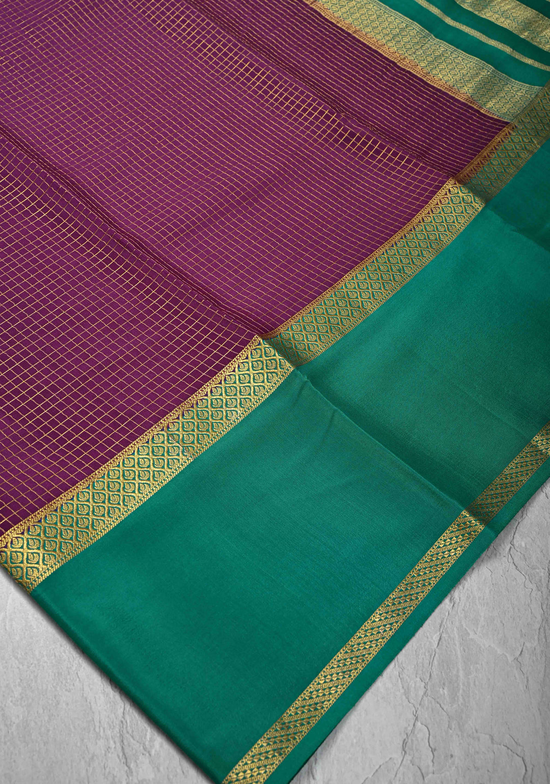 Purple Mysore Silk Saree with Podi-Kattam Zari Checks and Rettaipet Contrast Border in KSIC Grade Thickness | SILK MARK CERTIFIED