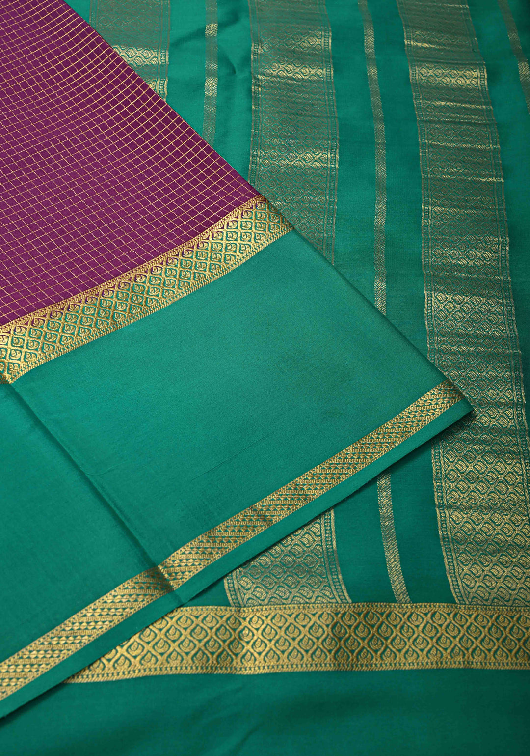 Purple Mysore Silk Saree with Podi-Kattam Zari Checks and Rettaipet Contrast Border in KSIC Grade Thickness | SILK MARK CERTIFIED
