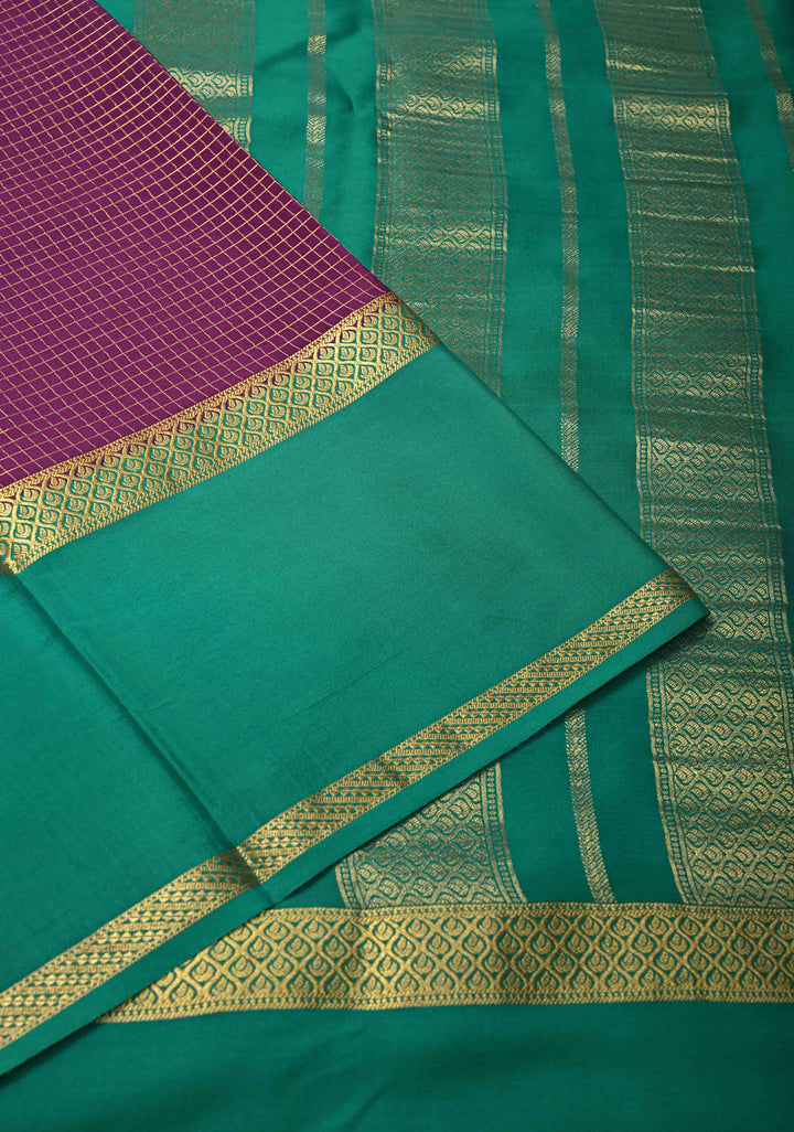 Purple Mysore Silk Saree with Podi-Kattam Zari Checks and Rettaipet Contrast Border in KSIC Grade Thickness | SILK MARK CERTIFIED