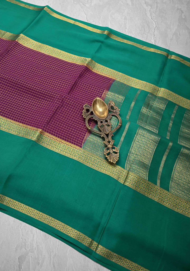 Purple Mysore Silk Saree with Podi-Kattam Zari Checks and Rettaipet Contrast Border in KSIC Grade Thickness | SILK MARK CERTIFIED