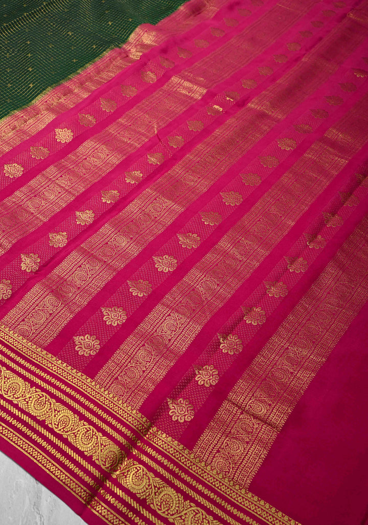 Dark Green Podi-Kattam Zari Checks on Pure Mysore Silk saree with Zari Buttis and Zari Border in KSIC Grade Thickness | SILK MARK CERTIFIED