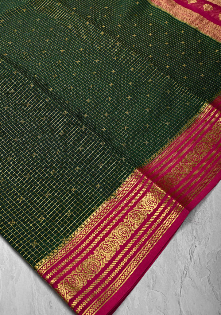 Dark Green Podi-Kattam Zari Checks on Pure Mysore Silk saree with Zari Buttis and Zari Border in KSIC Grade Thickness | SILK MARK CERTIFIED