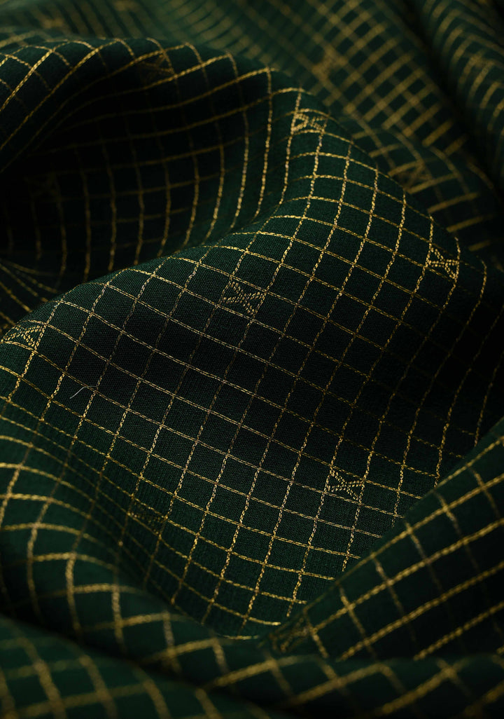 Dark Green Podi-Kattam Zari Checks on Pure Mysore Silk saree with Zari Buttis and Zari Border in KSIC Grade Thickness | SILK MARK CERTIFIED