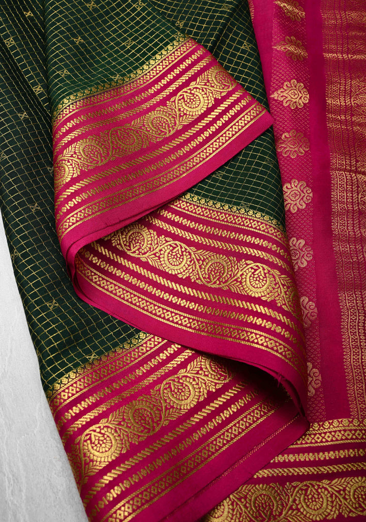 Dark Green Podi-Kattam Zari Checks on Pure Mysore Silk saree with Zari Buttis and Zari Border in KSIC Grade Thickness | SILK MARK CERTIFIED