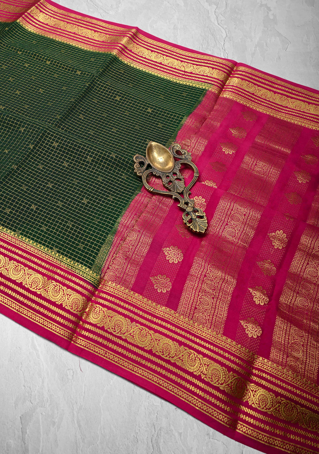 Dark Green Podi-Kattam Zari Checks on Pure Mysore Silk saree with Zari Buttis and Zari Border in KSIC Grade Thickness | SILK MARK CERTIFIED