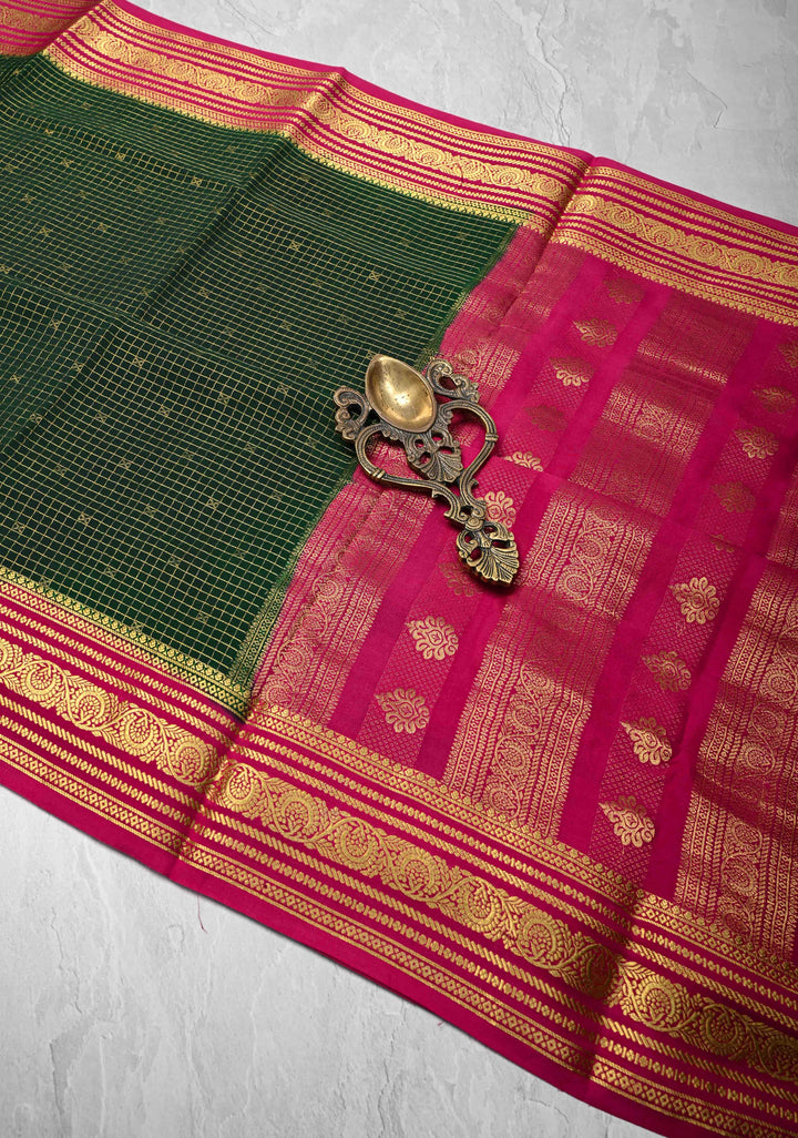 Dark Green Podi-Kattam Zari Checks on Pure Mysore Silk saree with Zari Buttis and Zari Border in KSIC Grade Thickness | SILK MARK CERTIFIED