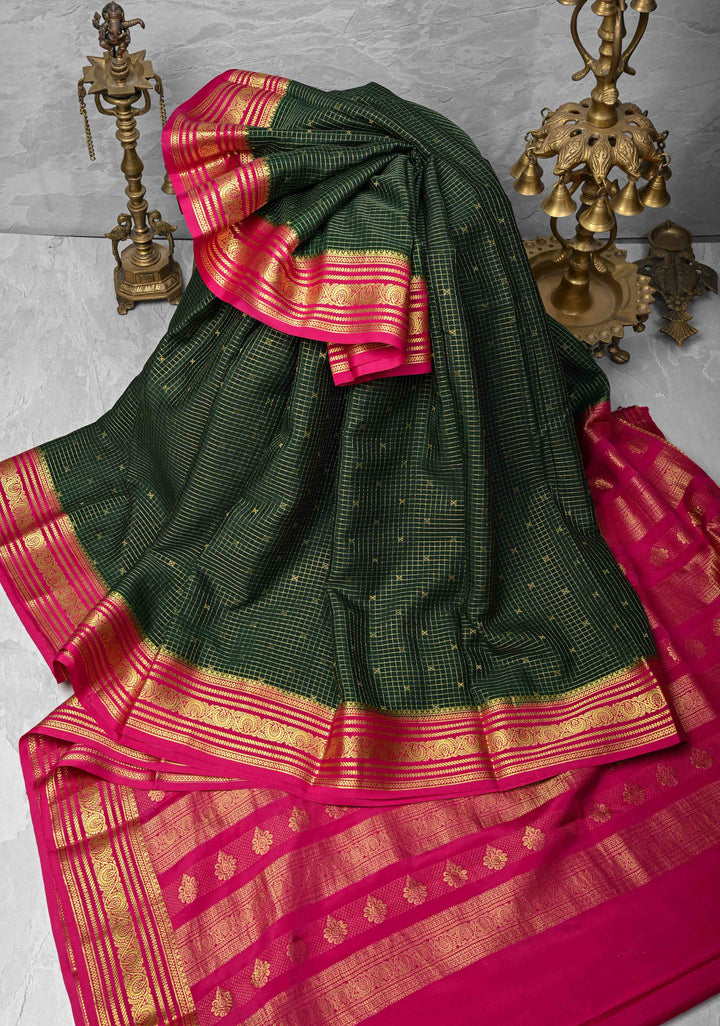 Dark Green Podi-Kattam Zari Checks on Pure Mysore Silk saree with Zari Buttis and Zari Border in KSIC Grade Thickness | SILK MARK CERTIFIED