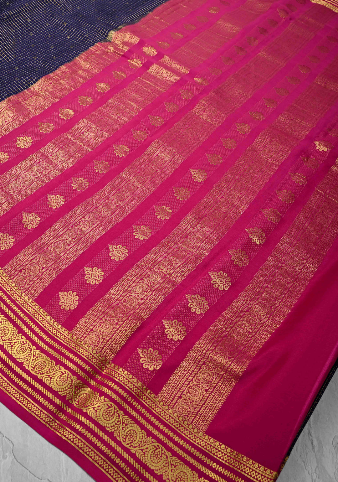 Ink Purple Zari Checks on Pure Mysore Silk saree with Zari Buttis and Zari Border in KSIC Grade Thickness | SILK MARK CERTIFIED