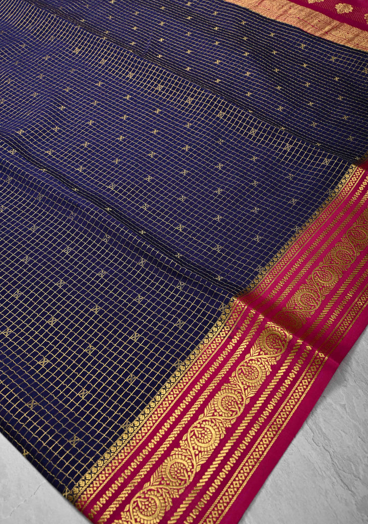 Ink Purple Zari Checks on Pure Mysore Silk saree with Zari Buttis and Zari Border in KSIC Grade Thickness | SILK MARK CERTIFIED