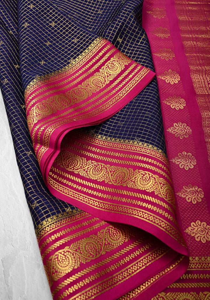 Ink Purple Zari Checks on Pure Mysore Silk saree with Zari Buttis and Zari Border in KSIC Grade Thickness | SILK MARK CERTIFIED