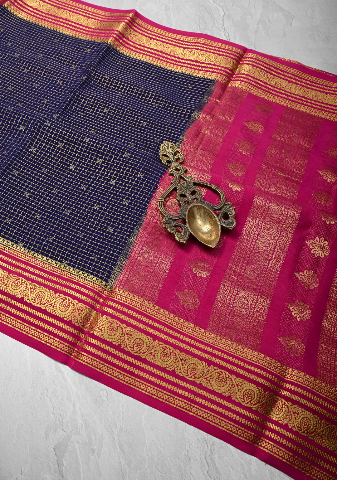 Ink Purple Zari Checks on Pure Mysore Silk saree with Zari Buttis and Zari Border in KSIC Grade Thickness | SILK MARK CERTIFIED