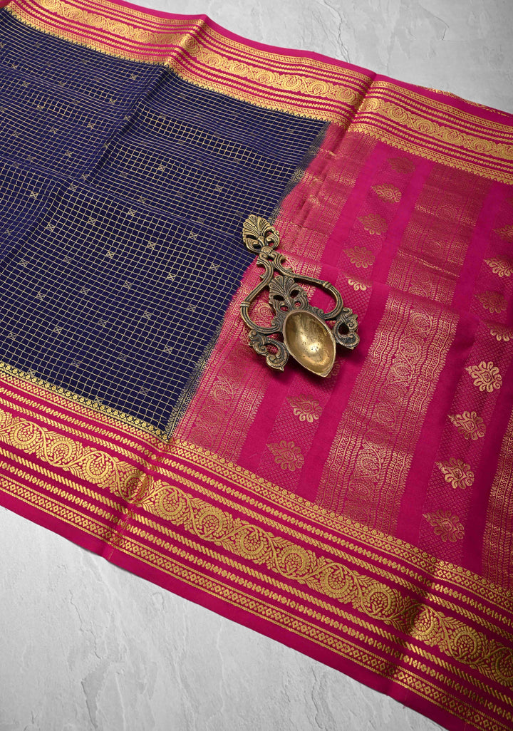 Ink Purple Zari Checks on Pure Mysore Silk saree with Zari Buttis and Zari Border in KSIC Grade Thickness | SILK MARK CERTIFIED
