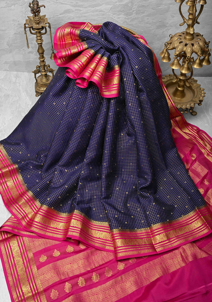 Ink Purple Zari Checks on Pure Mysore Silk saree with Zari Buttis and Zari Border in KSIC Grade Thickness | SILK MARK CERTIFIED