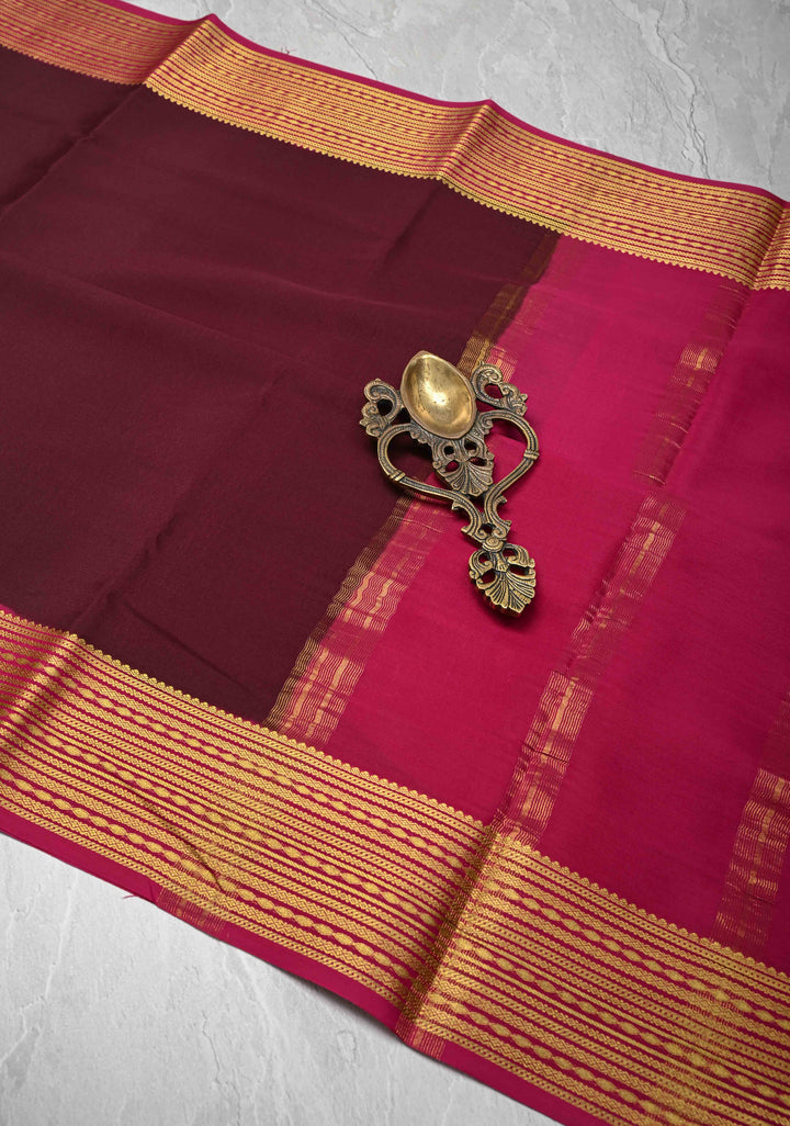 Wine Pure Mysore Silk Saree with Zari borders in Ksic Grade thickness | SILK MARK CERTIFIED
