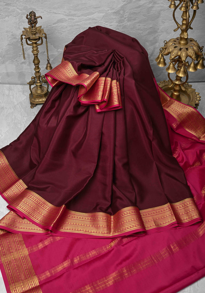 Wine Pure Mysore Silk Saree with Zari borders in Ksic Grade thickness | SILK MARK CERTIFIED