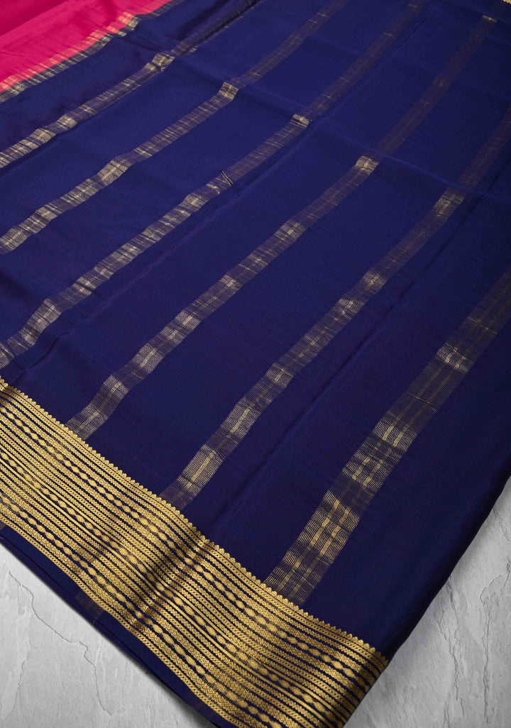 Dark Pink Pure Mysore Silk Saree with Zari borders in Ksic Grade thickness | SILK MARK CERTIFIED