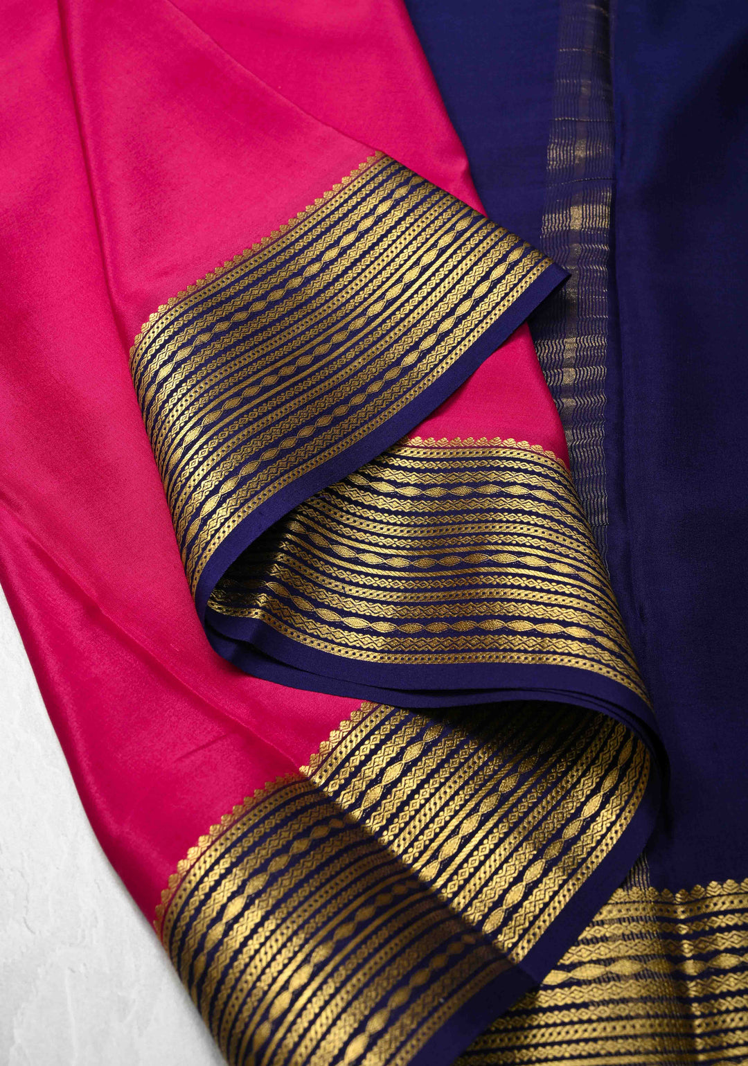 Dark Pink Pure Mysore Silk Saree with Zari borders in Ksic Grade thickness | SILK MARK CERTIFIED