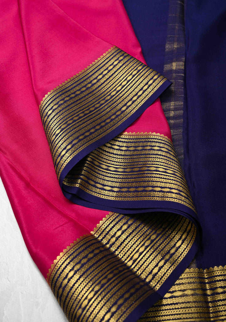 Dark Pink Pure Mysore Silk Saree with Zari borders in Ksic Grade thickness | SILK MARK CERTIFIED