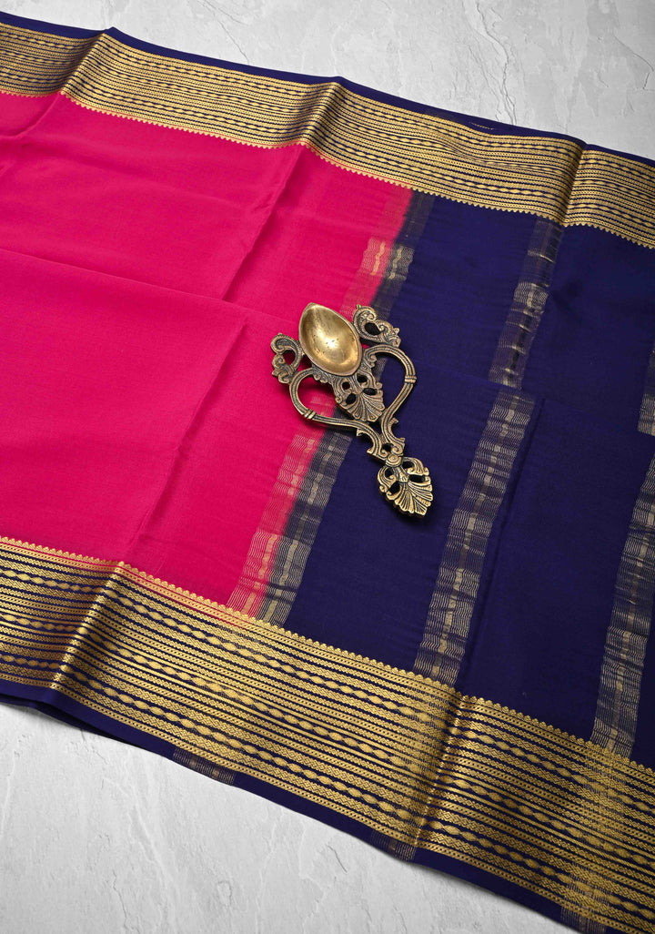 Dark Pink Pure Mysore Silk Saree with Zari borders in Ksic Grade thickness | SILK MARK CERTIFIED
