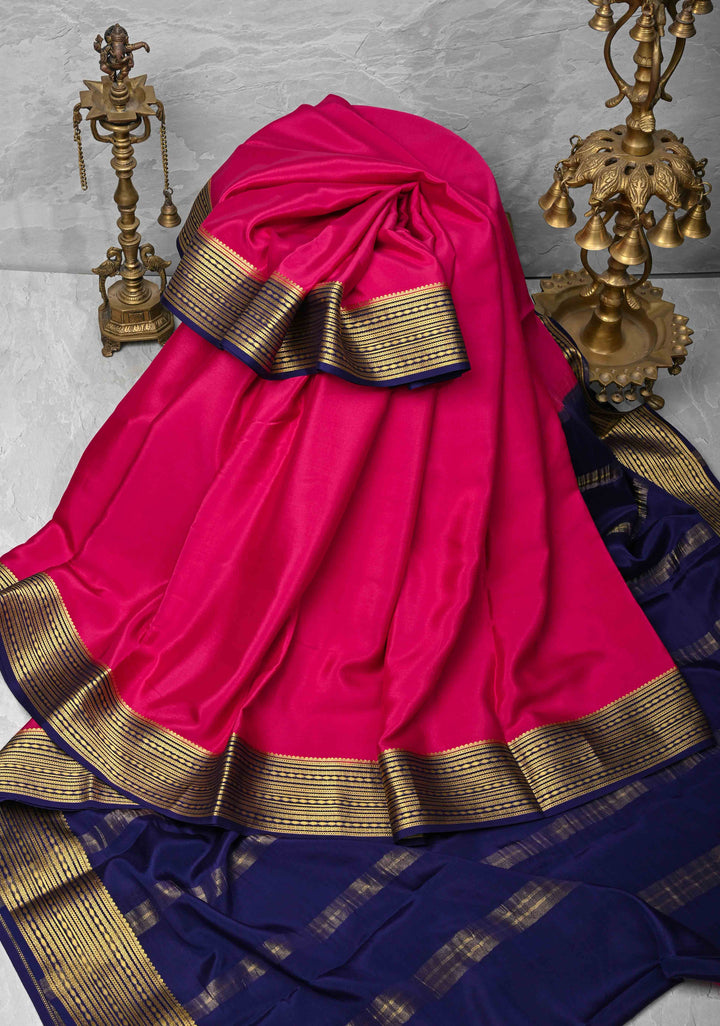Dark Pink Pure Mysore Silk Saree with Zari borders in Ksic Grade thickness | SILK MARK CERTIFIED