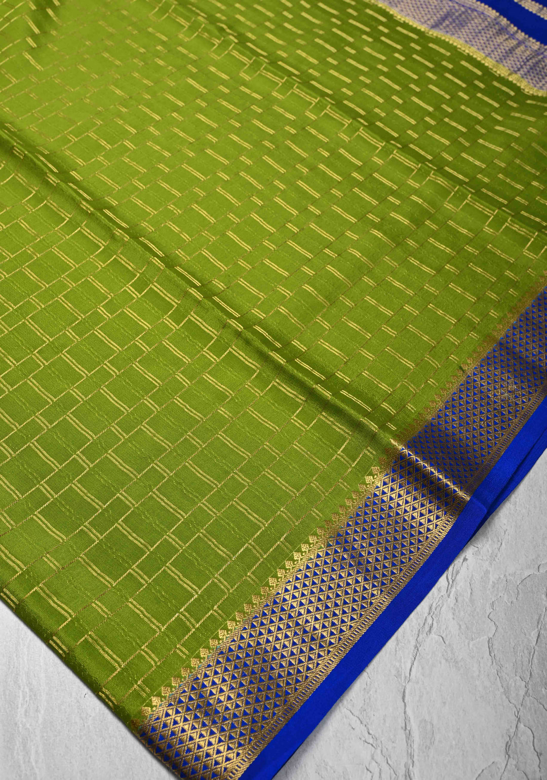 Lime Green  Mysore Silk Saree with Zari Checks and Zari Border in KSIC Grade Thickness | SILK MARK CERTIFIED