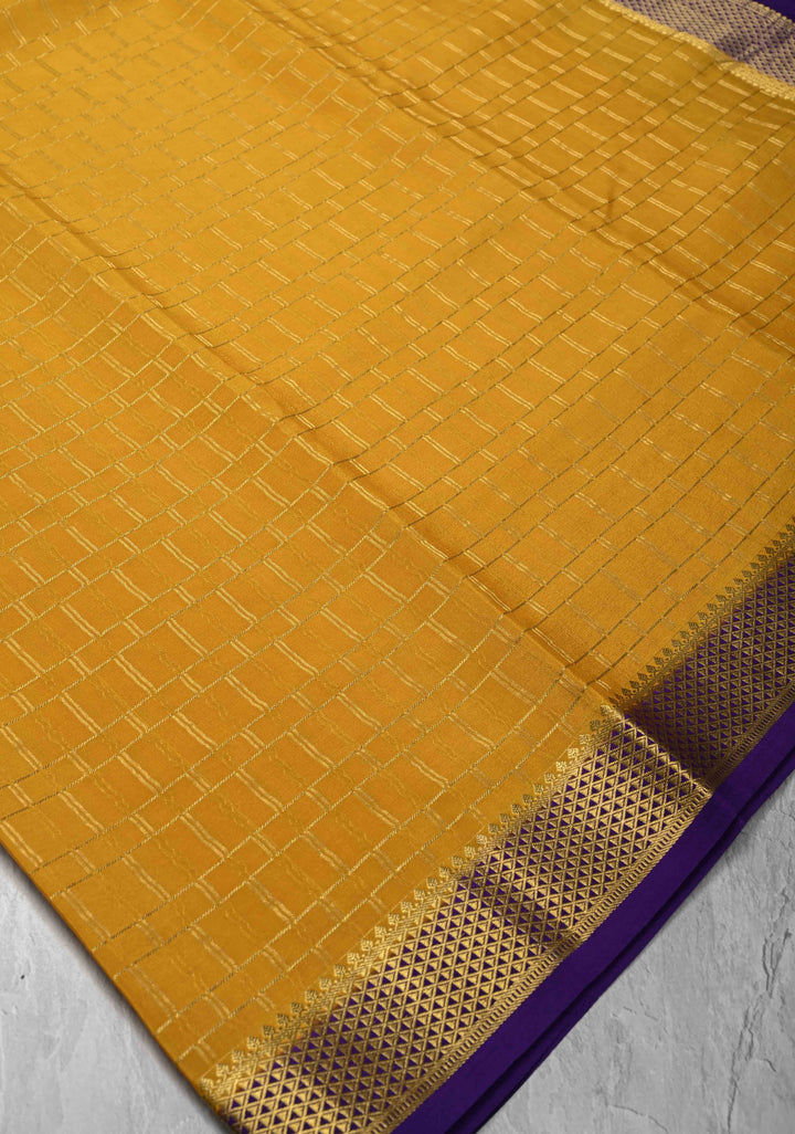 Mustard Yellow Mysore Silk Saree with Zari Checks and Zari Border in KSIC Grade Thickness | SILK MARK CERTIFIED