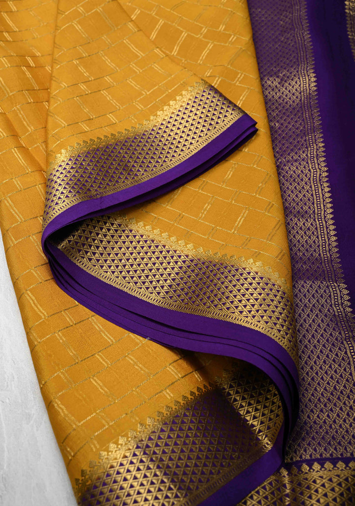 Mustard Yellow Mysore Silk Saree with Zari Checks and Zari Border in KSIC Grade Thickness | SILK MARK CERTIFIED
