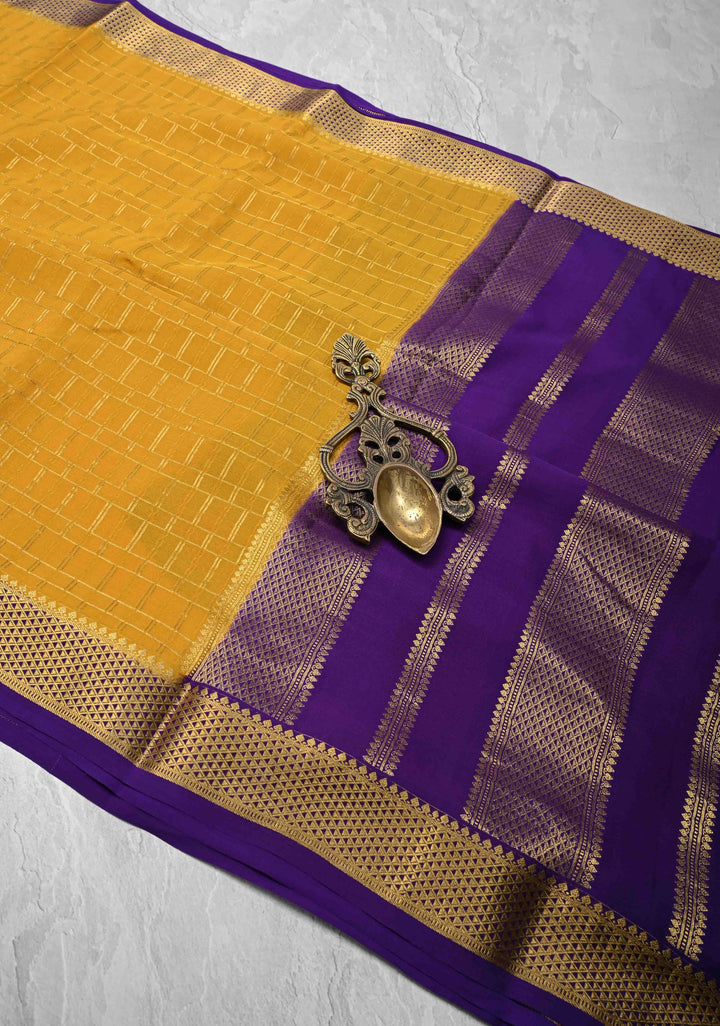 Mustard Yellow Mysore Silk Saree with Zari Checks and Zari Border in KSIC Grade Thickness | SILK MARK CERTIFIED