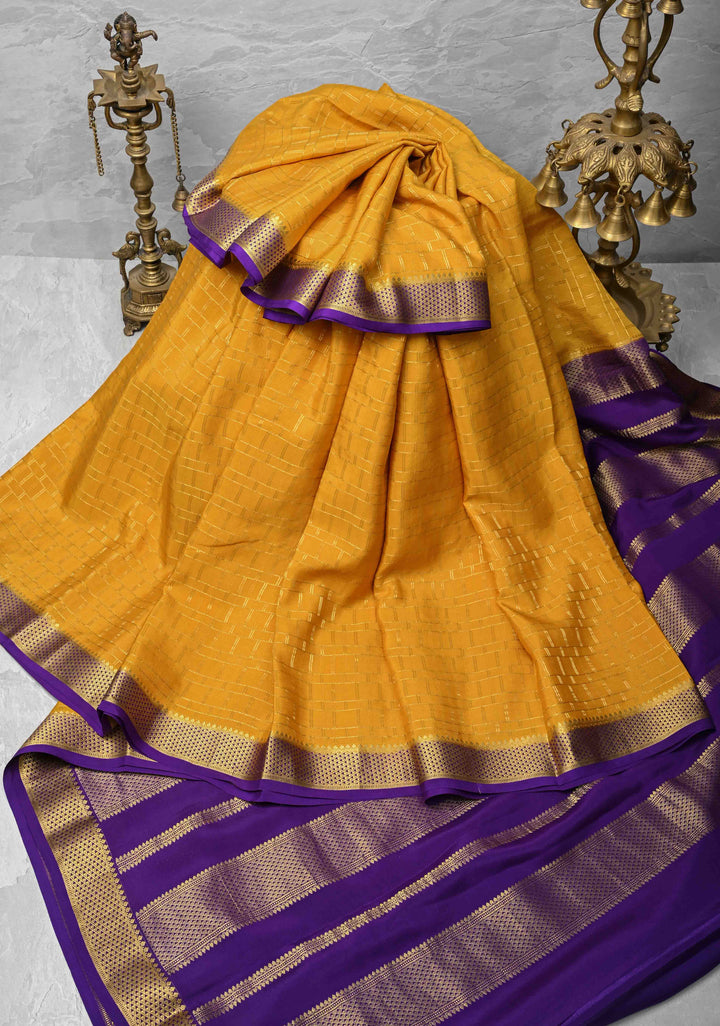 Mustard Yellow Mysore Silk Saree with Zari Checks and Zari Border in KSIC Grade Thickness | SILK MARK CERTIFIED
