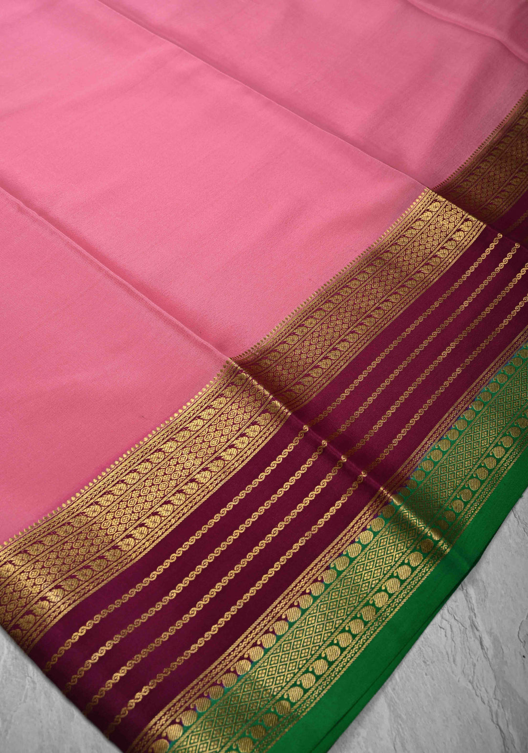 Rose Pink Pure Mysore Silk Saree with Zari borders in Ksic Grade thickness | SILK MARK CERTIFIED