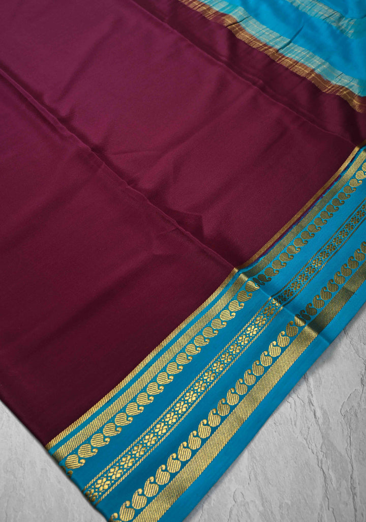 Wine Mysore Silk Saree with Zari borders in Ksic Grade thickness | SILK MARK CERTIFIED