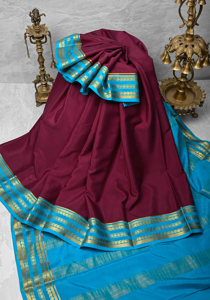 Wine Mysore Silk Saree with Zari borders in Ksic Grade thickness | SILK MARK CERTIFIED