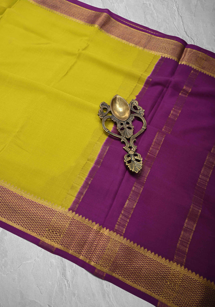 Lemon Yellow Mysore Silk Saree with Zari borders in Ksic Grade thickness | SILK MARK CERTIFIED