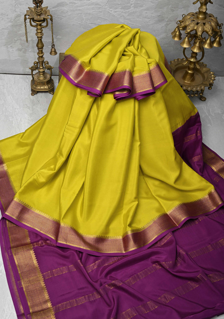 Lemon Yellow Mysore Silk Saree with Zari borders in Ksic Grade thickness | SILK MARK CERTIFIED