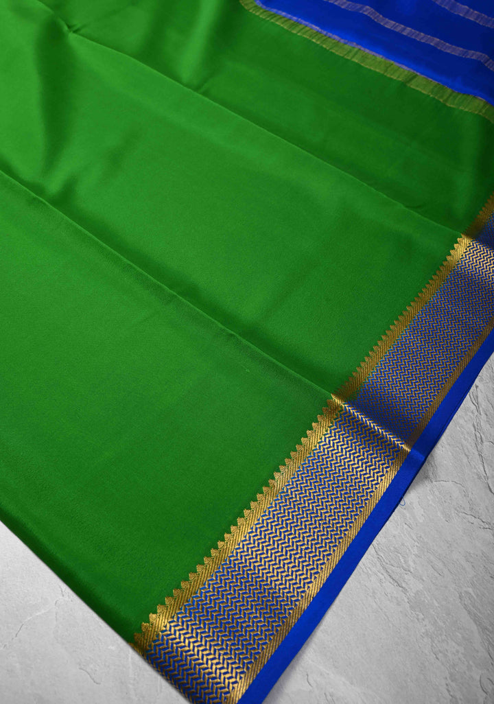Green Mysore Silk Saree with Zari borders in Ksic Grade thickness | SILK MARK CERTIFIED