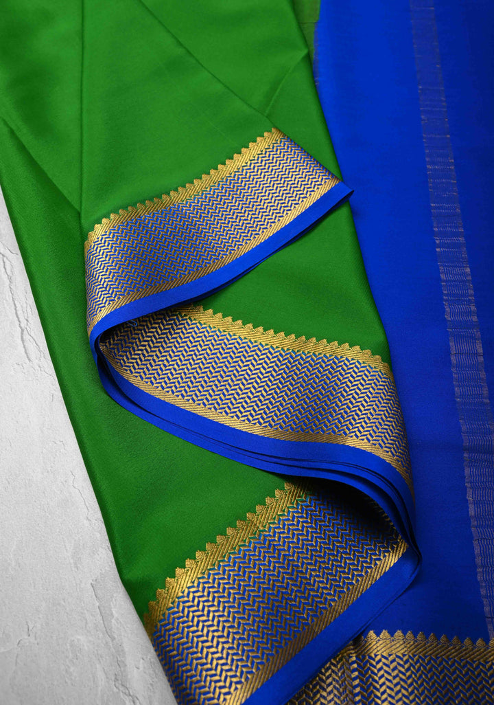 Green Mysore Silk Saree with Zari borders in Ksic Grade thickness | SILK MARK CERTIFIED