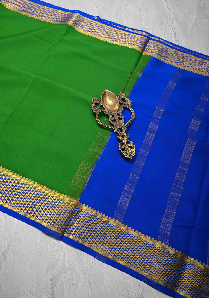 Green Mysore Silk Saree with Zari borders in Ksic Grade thickness | SILK MARK CERTIFIED