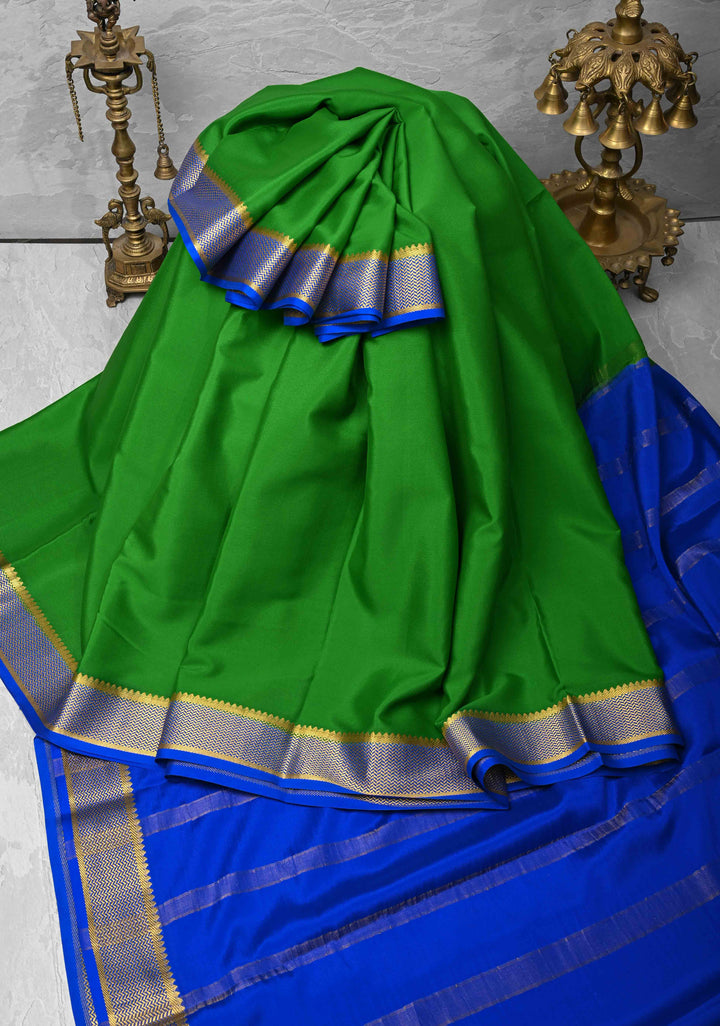 Green Mysore Silk Saree with Zari borders in Ksic Grade thickness | SILK MARK CERTIFIED
