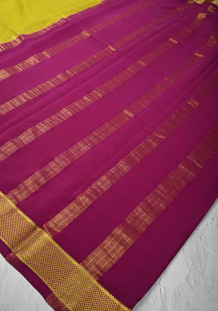 Lemon Yellow Mysore Silk Saree with Zari borders in Ksic Grade thickness | SILK MARK CERTIFIED