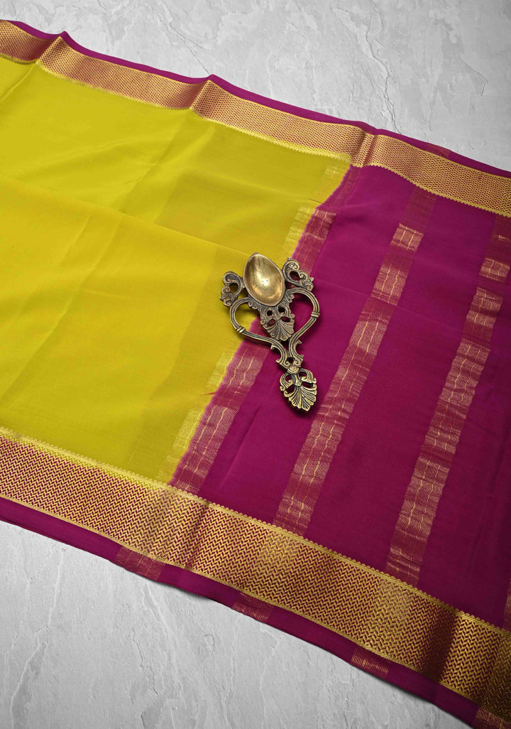 Lemon Yellow Mysore Silk Saree with Zari borders in Ksic Grade thickness | SILK MARK CERTIFIED